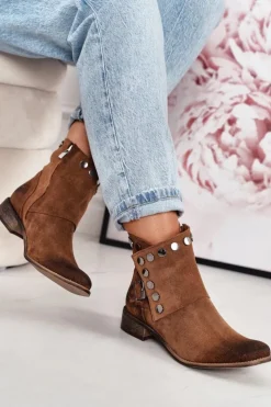 Damskie Boto Damskie Zamszowe Botki Z Klamrą Exquisite 1198 Koniak