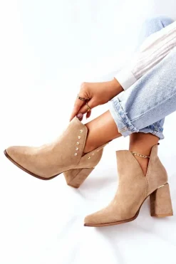 Damskie Boto Damskie Zamszowe Botki Z Wycięciami Lewski Beżowy Piasek 3075