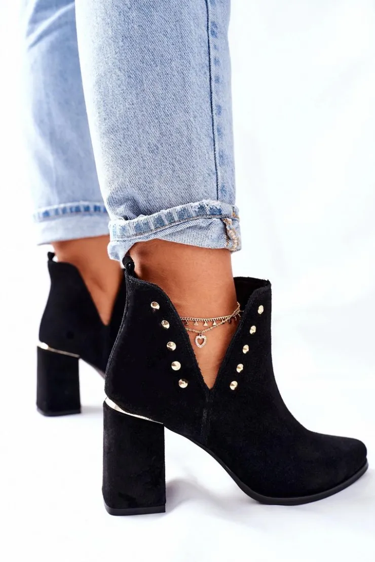 Boto Botki Wiosenne|Botki Na Słupku*Damskie Zamszowe Botki Z Wycięciami Lewski Czarne 3075