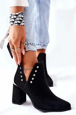 Boto Botki Wiosenne|Botki Na Słupku*Damskie Zamszowe Botki Z Wycięciami Lewski Czarne 3075
