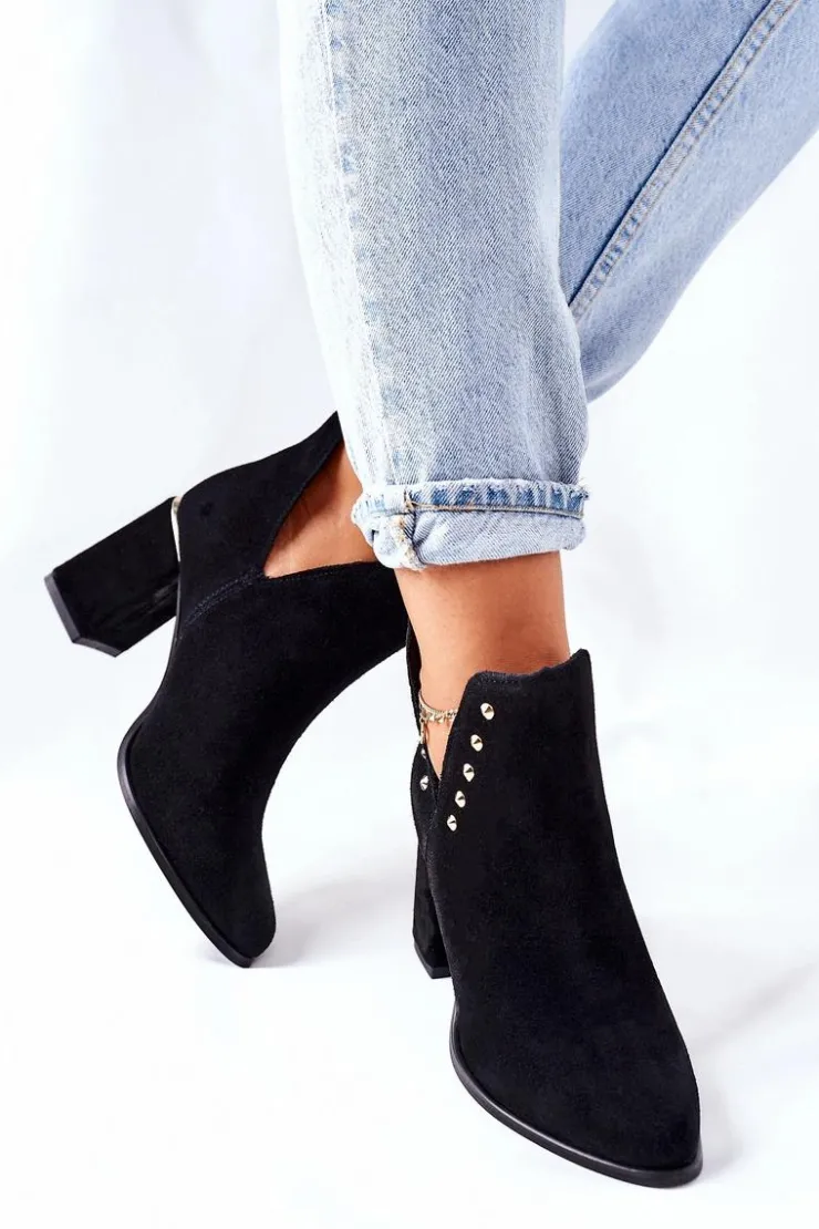 Boto Botki Wiosenne|Botki Na Słupku*Damskie Zamszowe Botki Z Wycięciami Lewski Czarne 3075