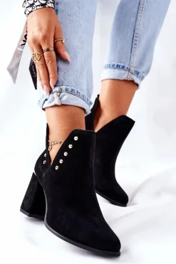 Boto Botki Wiosenne|Botki Na Słupku*Damskie Zamszowe Botki Z Wycięciami Lewski Czarne 3075