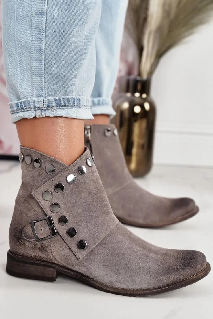 Boto Botki Wiosenne|Brązowe I Beżowe Botki*Damskie Zamszowe Botki Z Klamrą Exquisite 1198 Cappuccino