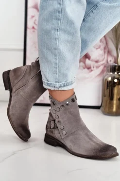 Boto Botki Wiosenne|Brązowe I Beżowe Botki*Damskie Zamszowe Botki Z Klamrą Exquisite 1198 Cappuccino