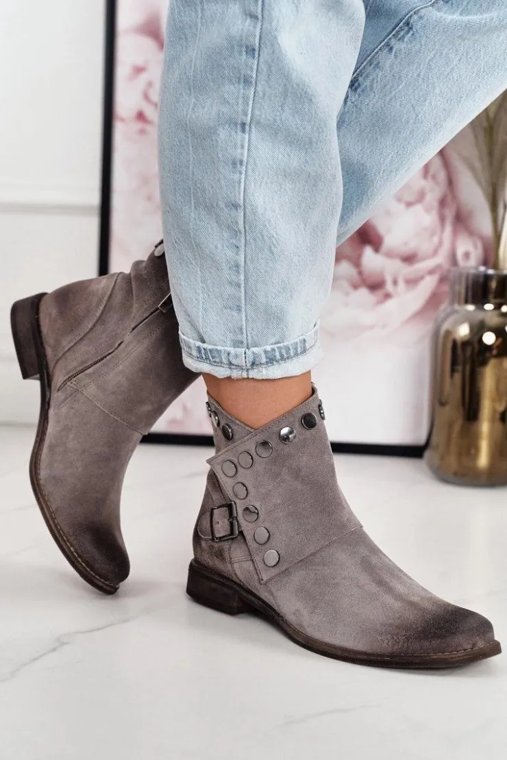 Boto Botki Wiosenne|Brązowe I Beżowe Botki*Damskie Zamszowe Botki Z Klamrą Exquisite 1198 Cappuccino