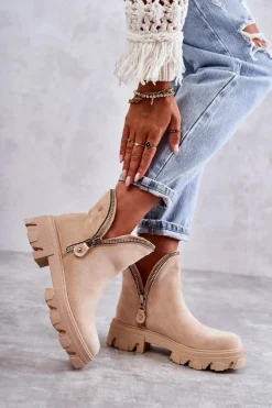 Boto Brązowe I Beżowe Botki|Botki Płaskie*Damskie Zamszowe Botki Z Wycięciami Beżowe Rhythm