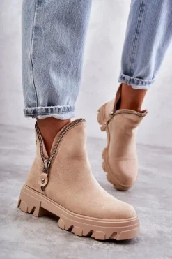 Boto Brązowe I Beżowe Botki|Botki Płaskie*Damskie Zamszowe Botki Z Wycięciami Beżowe Rhythm