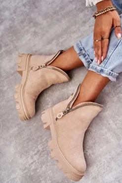 Boto Brązowe I Beżowe Botki|Botki Płaskie*Damskie Zamszowe Botki Z Wycięciami Beżowe Rhythm