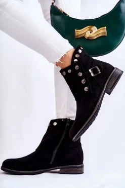 Damskie Damskie buty S.Barski Damskie Zamszowe Botki Z Klamrą S. Barski Czarne Merk