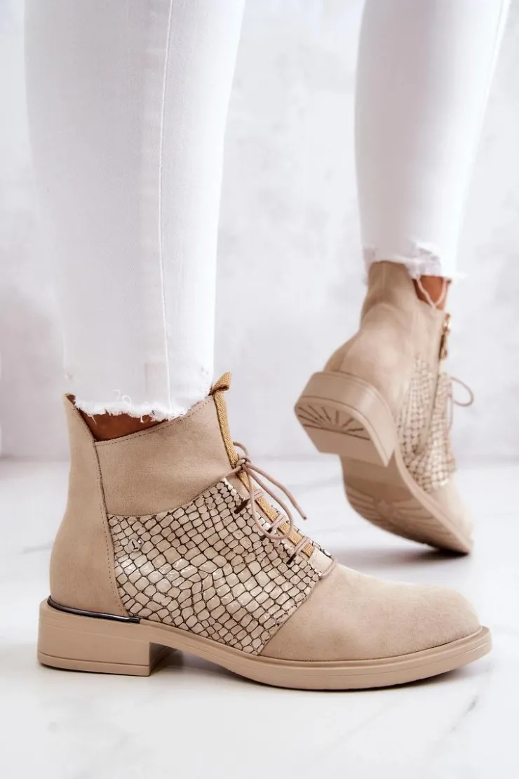 Boto Damskie Zamszowe Botki Z Wężowym Wzorem Jasnobeżowe Lemar Sonroe