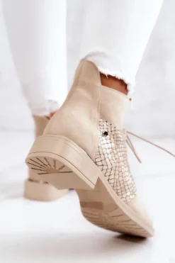 Boto Damskie Zamszowe Botki Z Wężowym Wzorem Jasnobeżowe Lemar Sonroe