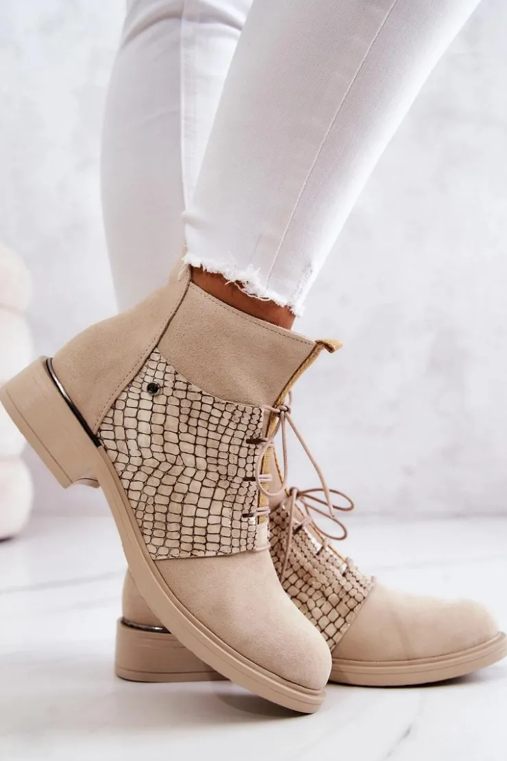 Boto Damskie Zamszowe Botki Z Wężowym Wzorem Jasnobeżowe Lemar Sonroe