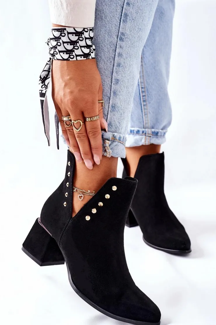 Boto Botki Wiosenne|Botki Na Słupku*Damskie Zamszowe Botki Z Wycięciami Lewski Czarne 3074/B