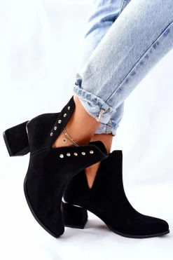 Boto Botki Wiosenne|Botki Na Słupku*Damskie Zamszowe Botki Z Wycięciami Lewski Czarne 3074/B