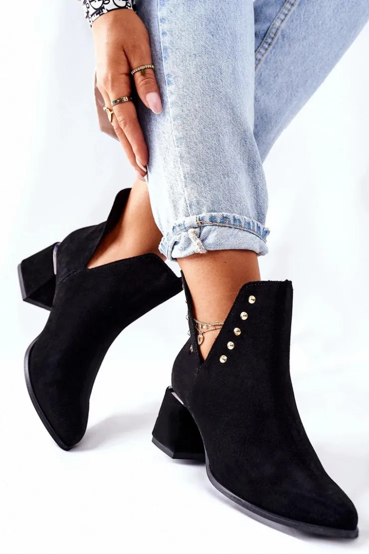 Boto Botki Wiosenne|Botki Na Słupku*Damskie Zamszowe Botki Z Wycięciami Lewski Czarne 3074/B