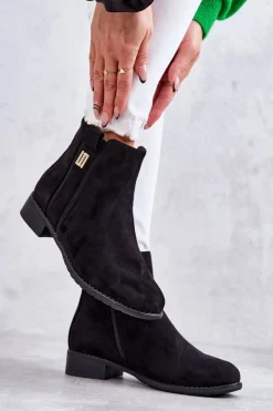 Damskie buty S.Barski Czarne Botki|Botki Płaskie*Damskie Zamszowe Botki Z Ozdobą Czarne Giana