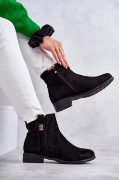 Damskie buty S.Barski Czarne Botki|Botki Płaskie*Damskie Zamszowe Botki Z Ozdobą Czarne Giana