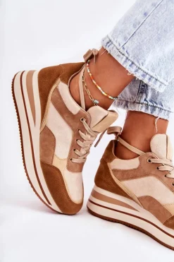 Boto Sneakersy Damskie*Damskie Zamszowe Buty Sportowe Brązowo-Beżowe Elisse