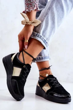 Damskie Damskie buty S.Barski Damskie Zamszowe Buty Sportowe Na Koturnie Czarne Larson