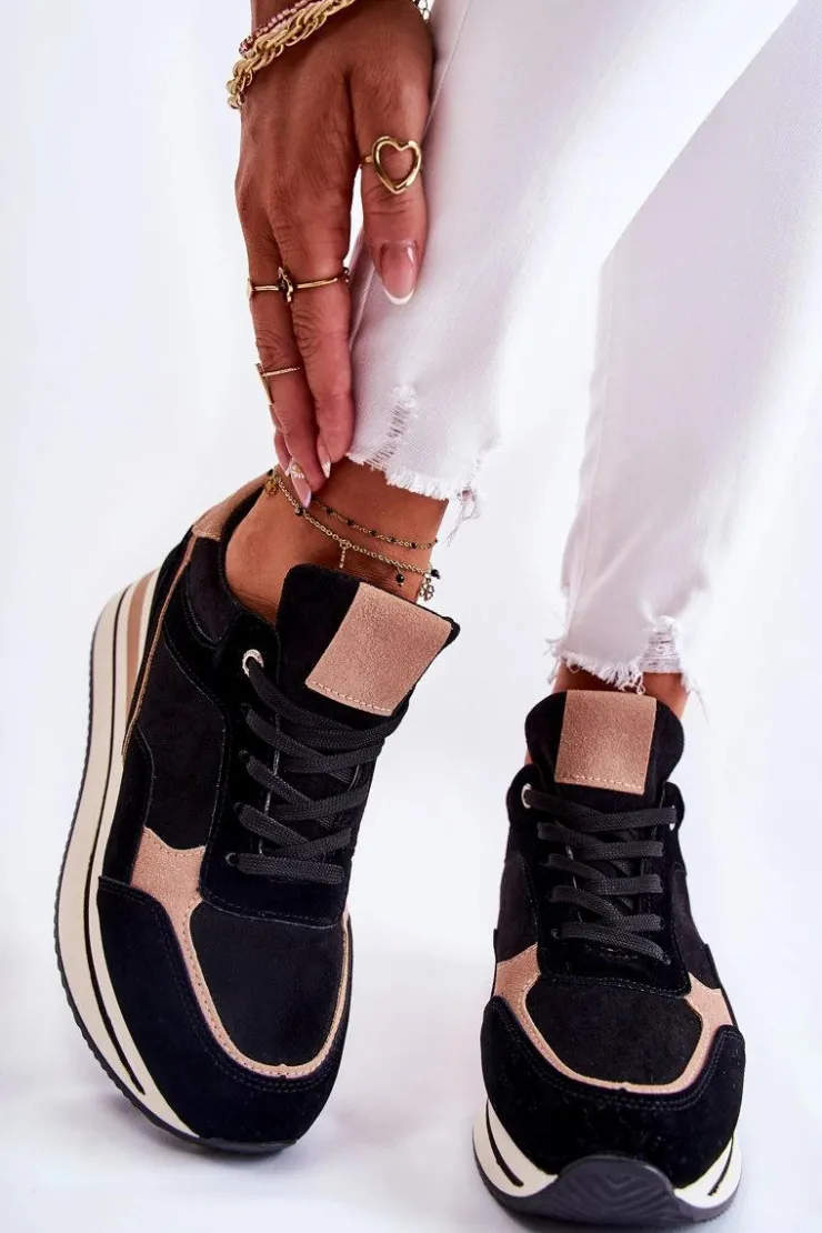 Sale Boto Damskie Zamszowe Buty Sportowe Czarno-Beżowe Elisse