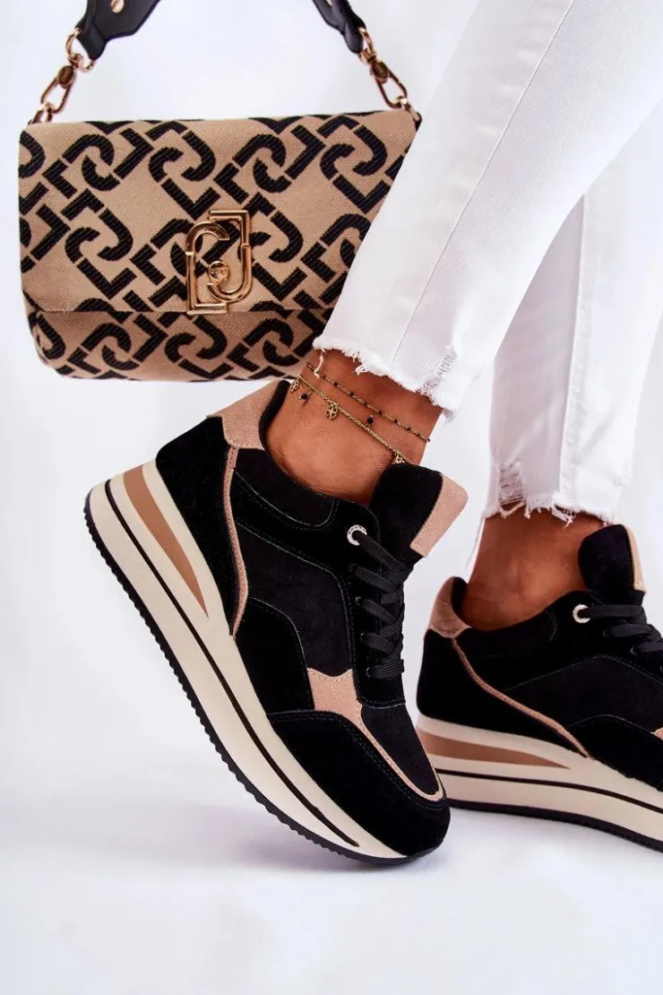 Sale Boto Damskie Zamszowe Buty Sportowe Czarno-Beżowe Elisse