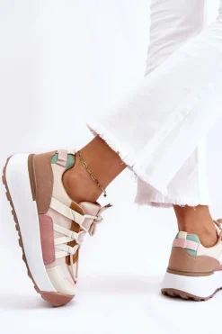 Boto Sneakersy Damskie*Damskie Zamszowe Buty Sportowe Na Platformie Beżowo-Brązowe Rohan