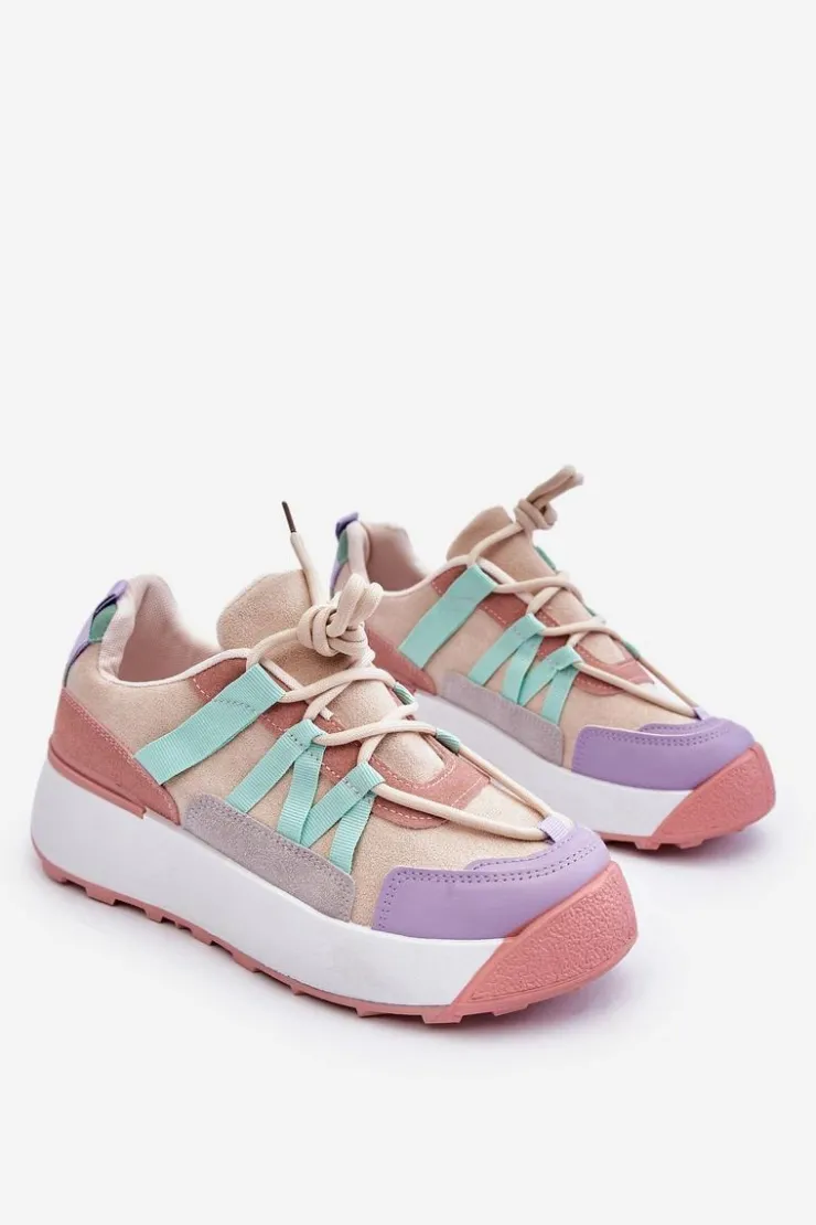 Boto Damskie Zamszowe Buty Sportowe Na Platformie Beżowo-Różowe Rohan