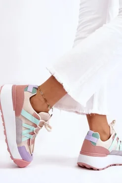 Boto Damskie Zamszowe Buty Sportowe Na Platformie Beżowo-Różowe Rohan