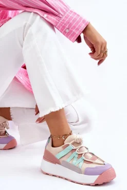 Boto Damskie Zamszowe Buty Sportowe Na Platformie Beżowo-Różowe Rohan