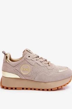 GOE Sneakersy Damskie*Damskie Zamszowe Buty Sportowe Na Platformie LL2N4001 Beżowe
