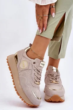 GOE Sneakersy Damskie*Damskie Zamszowe Buty Sportowe Na Platformie LL2N4001 Beżowe
