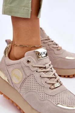 GOE Sneakersy Damskie*Damskie Zamszowe Buty Sportowe Na Platformie LL2N4001 Beżowe