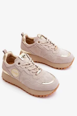GOE Sneakersy Damskie*Damskie Zamszowe Buty Sportowe Na Platformie LL2N4001 Beżowe