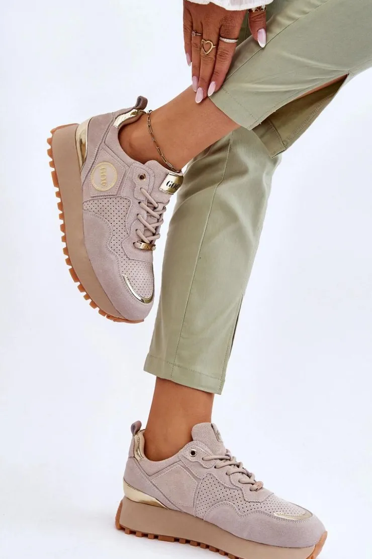 GOE Sneakersy Damskie*Damskie Zamszowe Buty Sportowe Na Platformie LL2N4001 Beżowe