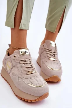 GOE Sneakersy Damskie*Damskie Zamszowe Buty Sportowe Na Platformie LL2N4001 Beżowe
