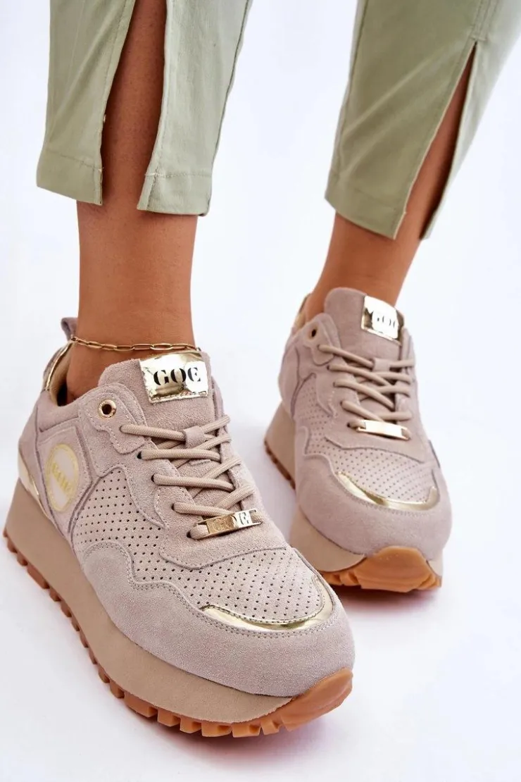 GOE Sneakersy Damskie*Damskie Zamszowe Buty Sportowe Na Platformie LL2N4001 Beżowe