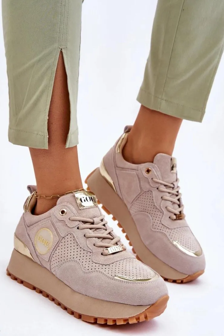 GOE Sneakersy Damskie*Damskie Zamszowe Buty Sportowe Na Platformie LL2N4001 Beżowe