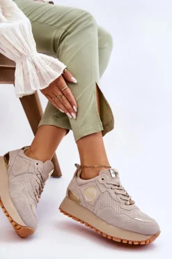 GOE Sneakersy Damskie*Damskie Zamszowe Buty Sportowe Na Platformie LL2N4001 Beżowe