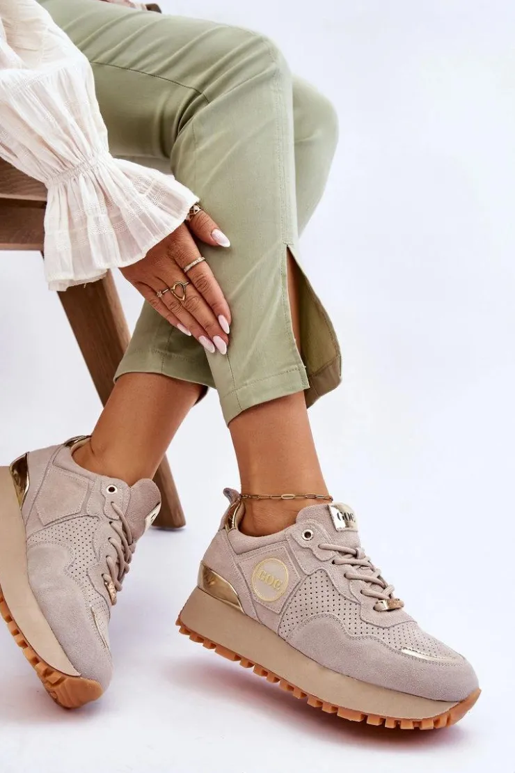 GOE Sneakersy Damskie*Damskie Zamszowe Buty Sportowe Na Platformie LL2N4001 Beżowe