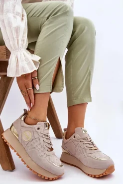 GOE Sneakersy Damskie*Damskie Zamszowe Buty Sportowe Na Platformie LL2N4001 Beżowe