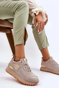 GOE Sneakersy Damskie*Damskie Zamszowe Buty Sportowe Na Platformie LL2N4001 Beżowe