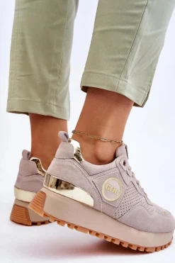 GOE Sneakersy Damskie*Damskie Zamszowe Buty Sportowe Na Platformie LL2N4001 Beżowe