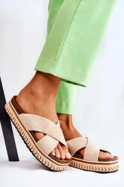 Outlet Boto Damskie Zamszowe Klapki Na Platformie Beżowe Jossie