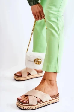 Outlet Boto Damskie Zamszowe Klapki Na Platformie Beżowe Jossie