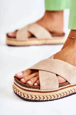 Outlet Boto Damskie Zamszowe Klapki Na Platformie Beżowe Jossie