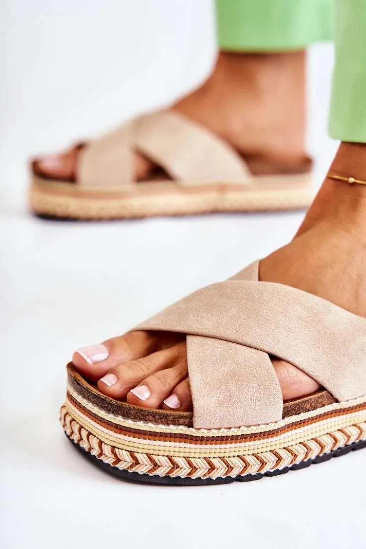 Outlet Boto Damskie Zamszowe Klapki Na Platformie Beżowe Jossie