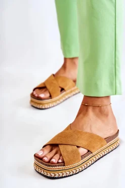 Damskie Boto Damskie Zamszowe Klapki Na Platformie Camel Jossie