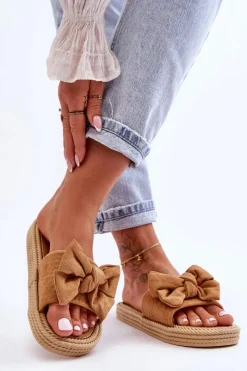 New Boto Damskie Zamszowe Klapki Z Kokardą Camel Fency