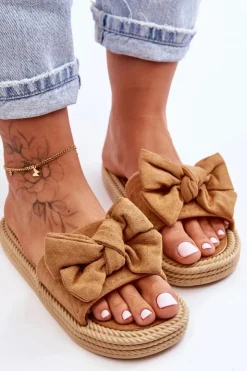 New Boto Damskie Zamszowe Klapki Z Kokardą Camel Fency