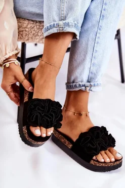 Boto Klapki Damskie Klasyczne*Damskie Zamszowe Klapki Z Ozdobą Czarne Nemis